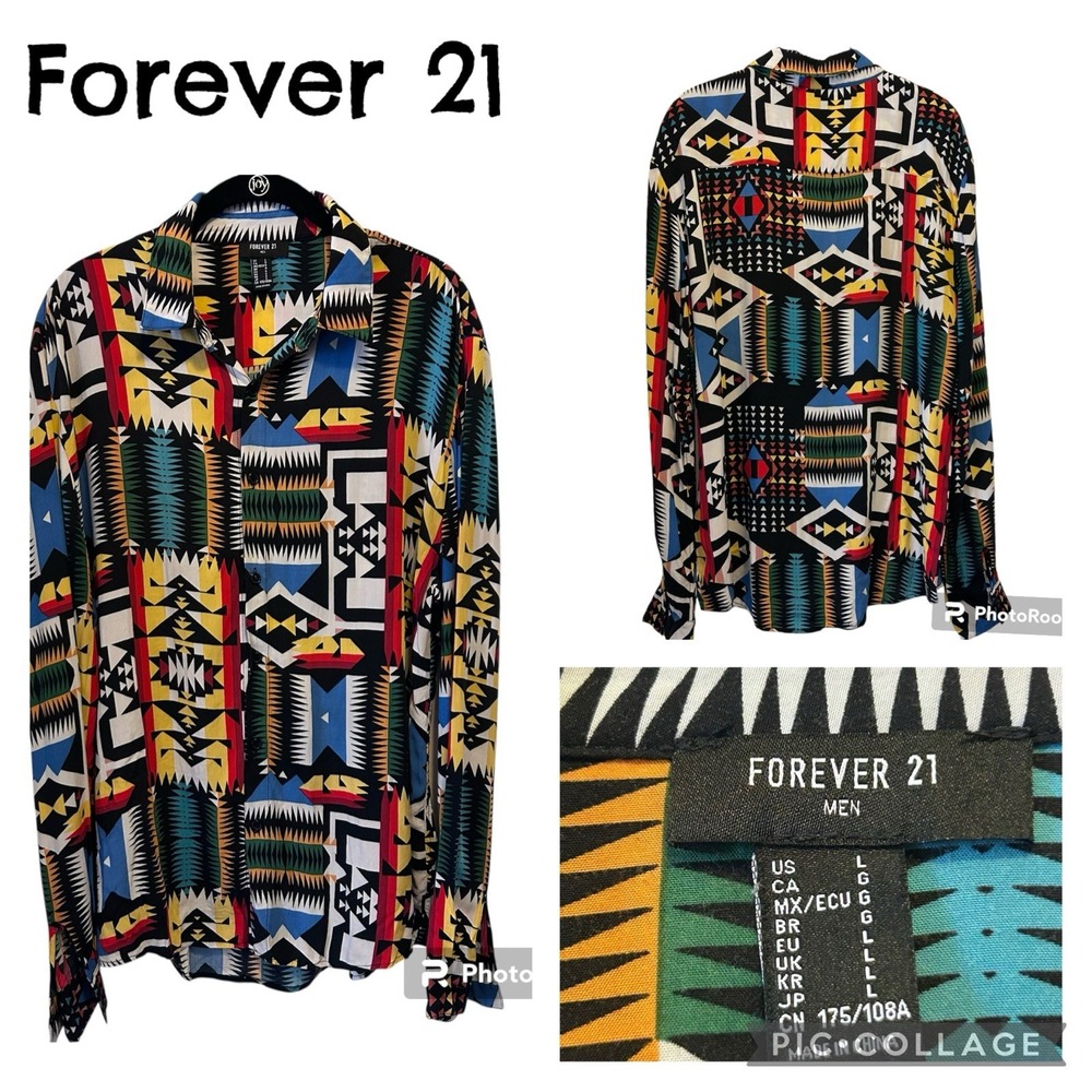 Forever 21 Men's Multi Colored Geometric Abstract  Long Sleeve 100% Rayon Size L